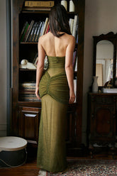 Strapless Ruched Sparkly Maxi Dress